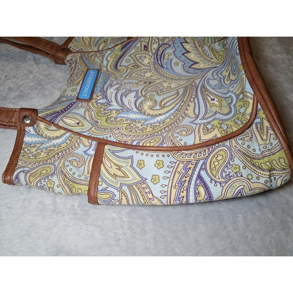 Longaberger Small Tote Blue And Green Paisley Print Faux Leather Trim & Handles